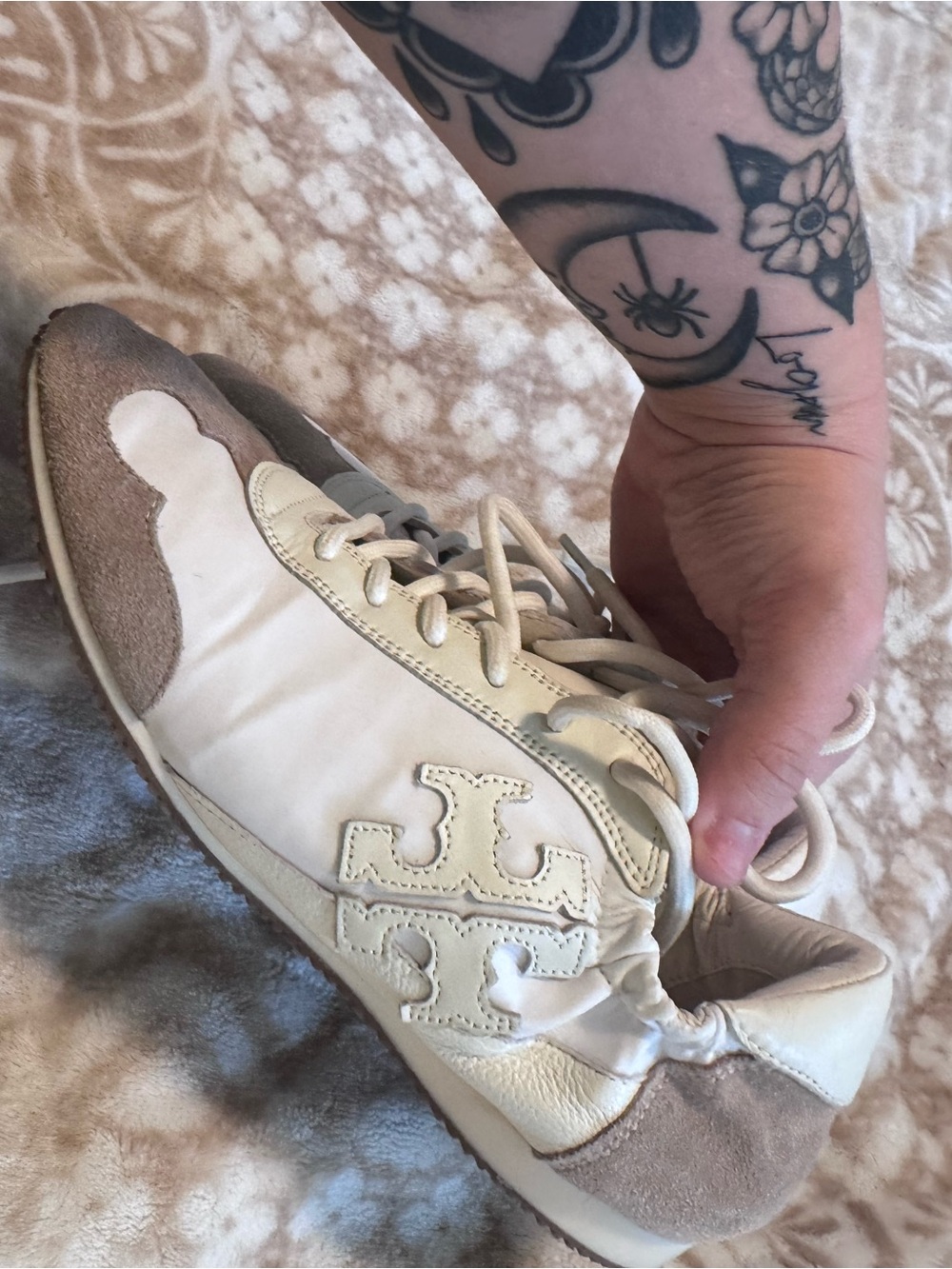 Tory Burch Cream and Taupe Leather & Suede Sneakers